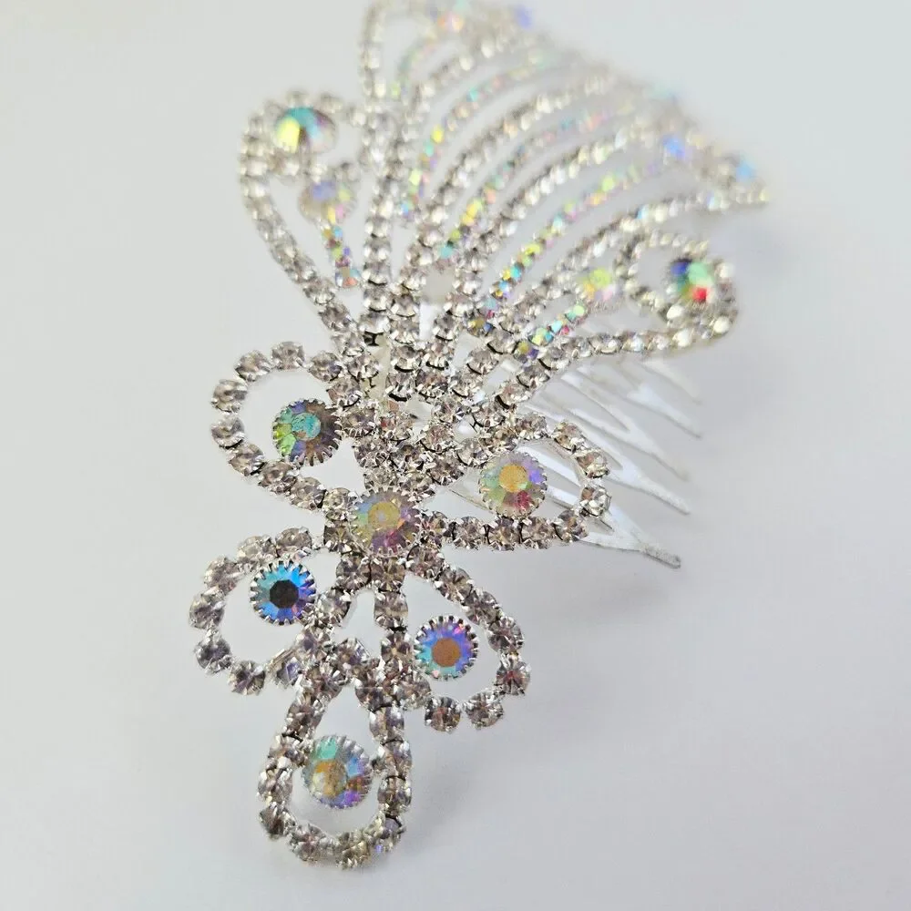 Aurora Borealis Bridal Hair Comb Rhinestone Silver Tone Wedding Formal Prom